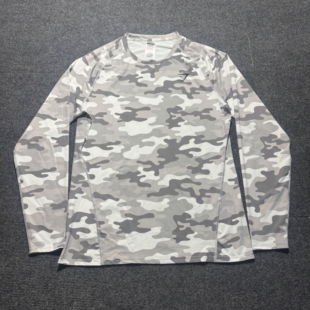 Gymshark Mens Grey Camo Long Sleeve Performance Shirt XL
